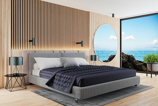 Modern and japandi-style bedroom with light wooden materials. winter background. 3d rendering.