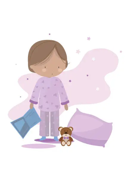 Vector illustration of Girl in pajamas on book and teddy bear