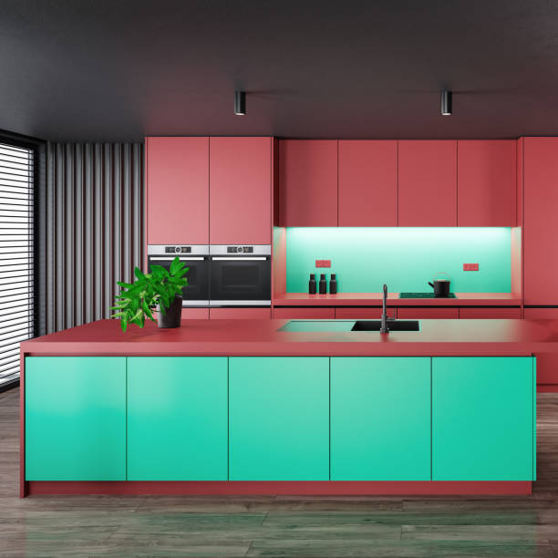 istock Red Modern minimalist kitchen with long island with stools. Matte materials. 1713922474