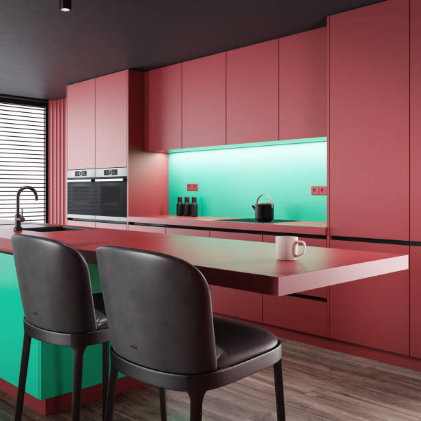 istock Red Modern minimalist kitchen with long island with stools. Matte materials. 1713922475