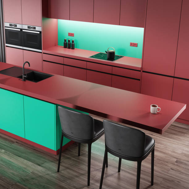 istock Red Modern minimalist kitchen with long island with stools. Matte materials. 1713922476