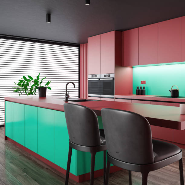 istock Red Modern minimalist kitchen with long island with stools. Matte materials. 1713923519