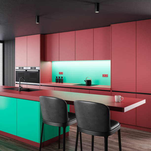 istock Red Modern minimalist kitchen with long island with stools. Matte materials. 1713923520
