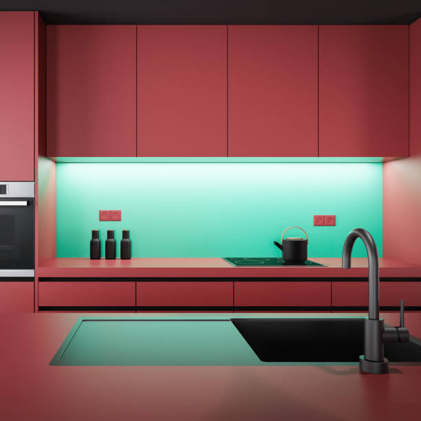 istock Red Modern minimalist kitchen with long island with stools. Matte materials. 1713923533