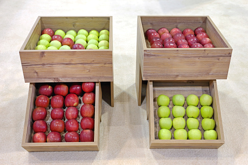 Green and Red Apples in Wooden Crates Fruits Display Case