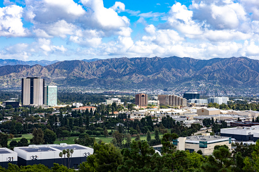 Universal City, California, USA-Oct 1, 2023: Panoramic views of North Hollywood, Studio City, Burbank, and Toluca lake shot on Oct 1, 2023. This area is the heart of the entertainment industry in Southern California. Studio lots from Universal Studios are visible in the foreground.