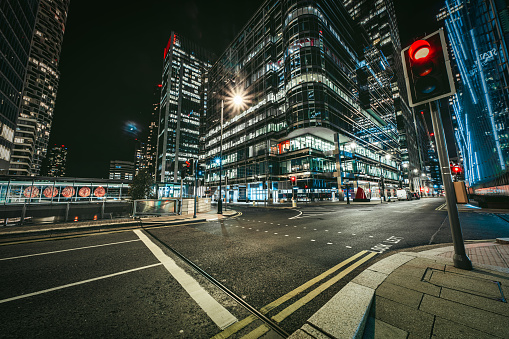 Canary Wharf financial district at night