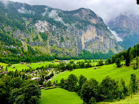 Beautiful village of Lauterbrunnen in a cloudy day, Switzerland