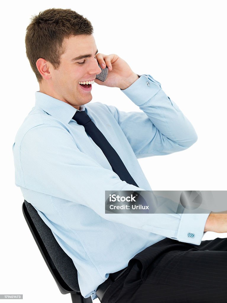 행복한 젊은 비즈니스 남자 휴대폰 흰색 바탕에 그림자와 - 로열티 프리 기업 비즈니스 스톡 사진