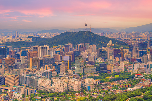 Downtown Seoul city skyline, cityscape of South Korea in Asia at sunset