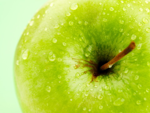 The Reinette Simirenko is an antique apple variety. The fruit has tender, crisp, greenish white flesh with a subacid flavor. A green apple on a wooden tabletop, close-up.