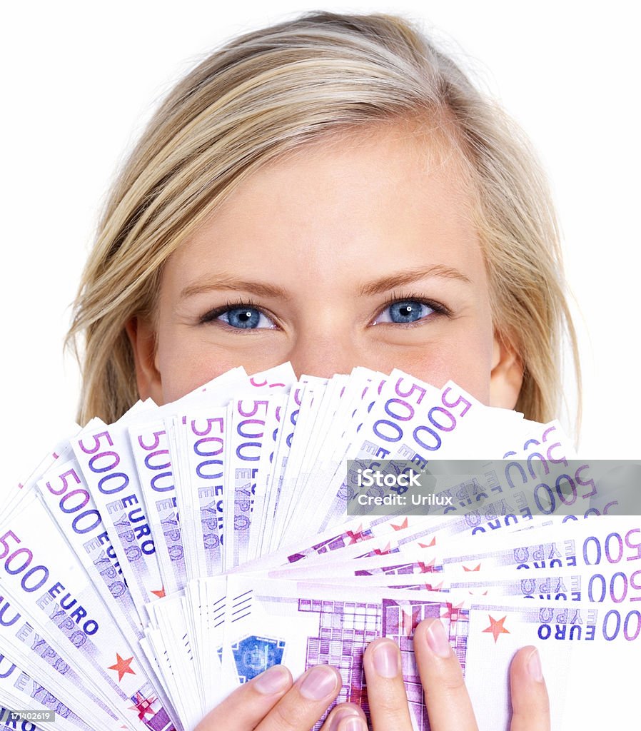 Mulher de sucesso financeiro que s'escondem atrás de dinheiro - Foto de stock de Adulto royalty-free