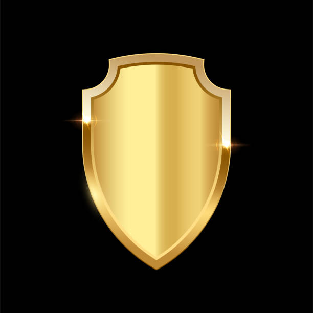 Gold shield vector illustration. Realistic isolated golden armory trophy with metal coat, 3d luxury safety protection emblem, vintage blank shiny royal award Gold shield vector illustration. Realistic isolated golden armory trophy with metal coat, 3d luxury safety protection emblem, vintage blank shiny royal award. Shield stock illustrations