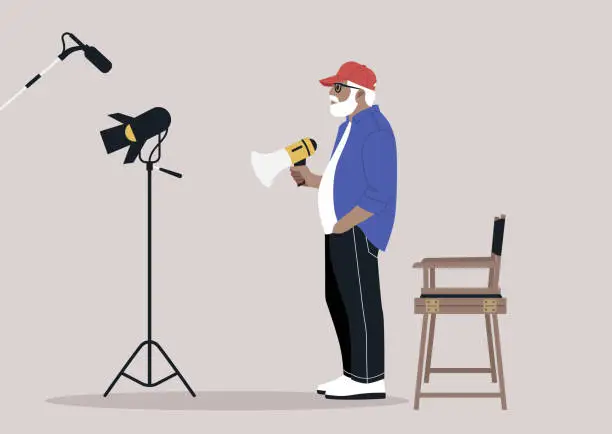 Vector illustration of A film director on a set, positioned behind the camera, firmly holding a megaphone