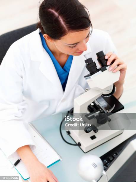 Pesquisador Sentado À Mesa Com Um Microscópio - Fotografias de stock e mais imagens de Adolescente - Adolescente, Aprender, Ciência