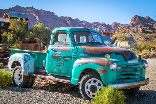 Nelson, Nevada, USA - April 9, 2023: A vintage truck located in the historic ghost town of Nelson. Located in the El Dorado Canyon about one hour from Las Vegas.