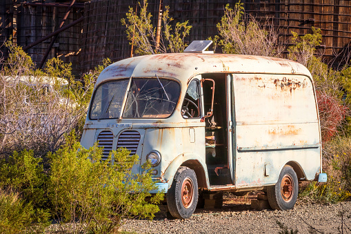 Nelson, Nevada, USA - April 9, 2023: A vintage van located in the historic ghost town of Nelson. Located in the El Dorado Canyon about one hour from Las Vegas.