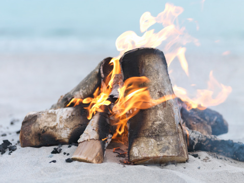 Burning logs on a rocky beach with a sunset sky