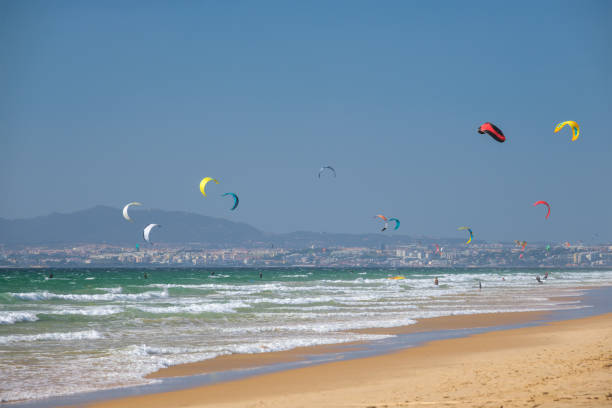 istock Kiteboarding kitesurfing kiteboarder kitesurfer kites on the ocean beach 1714083496