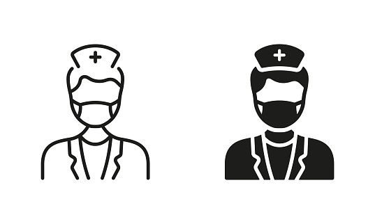 Physician Specialist, Orthodontist, Endodontist Symbol. Dental Doctor in Face Mask Silhouette and Line Icon Set. Dental Surgeon Sign. Dentist Man Pictogram Collection. Isolated Vector Illustration.