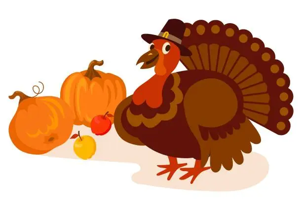Vector illustration of Thanksgiving turkey and pumpkins.Vector illustration