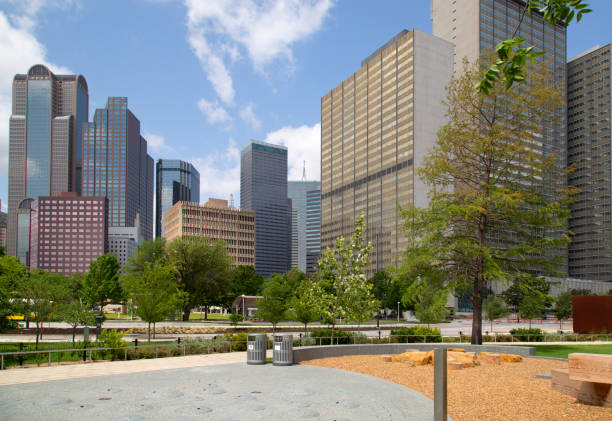 Carpenter park and modern buildings in downtown of city Dallas TX USA.