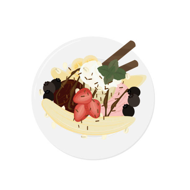 Banana Split  on a Plate Illustration of Banana Split With Ice Cream Sundae dollop whipped cream stock illustrations