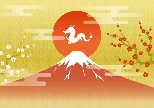 New Year's card template with dragon, Mt. Fuji, and sunrise, symbol, silhouette, cool, Japanese, oriental