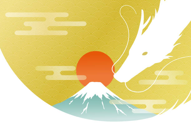 ilustrações, clipart, desenhos animados e ícones de modelo de cartão de ano novo com dragão, monte fuji e nascer do sol - painted image traditional culture art dragon