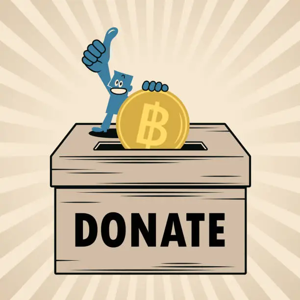Vector illustration of A smiling blue man putting money into a big donation box and giving a thumbs up