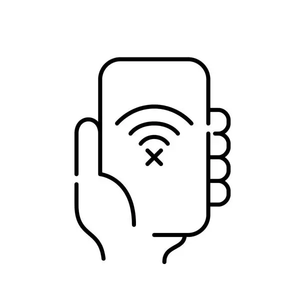 Vector illustration of Hand holding a smartphone with no wifi signal symbol. Pixel perfect icon