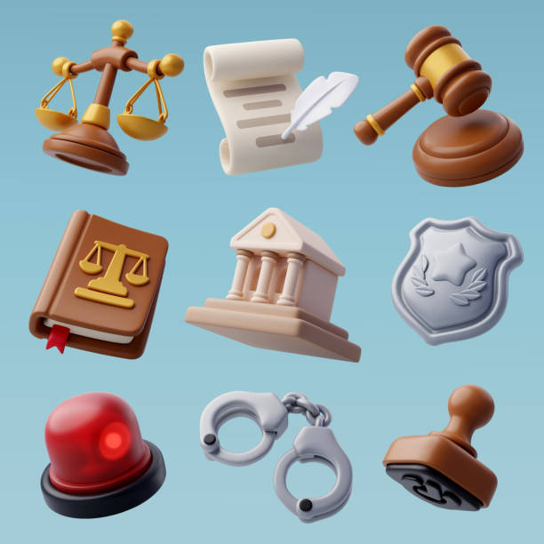 3d-sammlung von gesetz und urteilssymbol, anwalt, polizei und bestrafung des gerichtskonzepts. - equal opportunity flash stock-grafiken, -clipart, -cartoons und -symbole