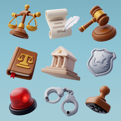 3d collection of Law and judgment icon, Lawyer, police and punishment of court concept. Eps 10 Vector.