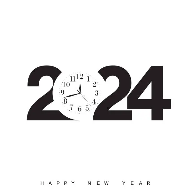 Vector illustration of 2024 Happy New Year logo text design with clock. Vector