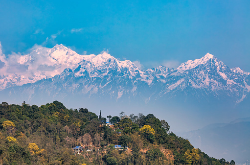 Kanchenjunga Himalayan mountain range as seen from Tinchuley village in Darjeeling district, West Bengal, India