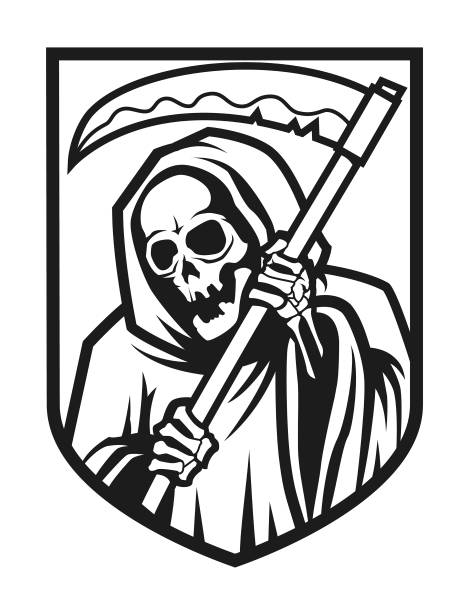 ilustrações de stock, clip art, desenhos animados e ícones de grim reaper outline silhouette. death character mascot with scythe - bad habit