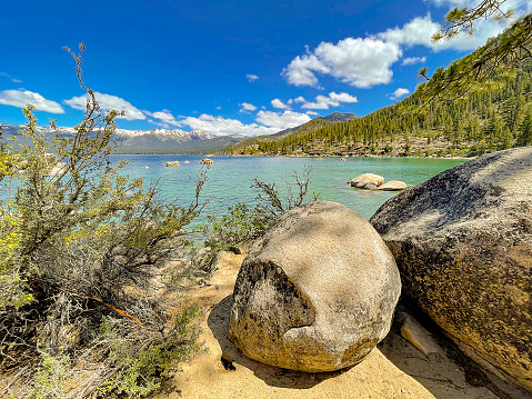 A view of Lake Tahoe from the Rocky shoreline.