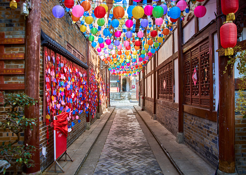 An alley full of lanterns in the ancient city of Langzhong, Sichuan, China