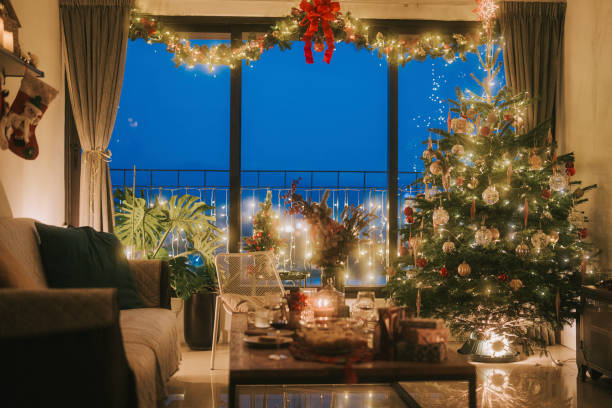 istock Apartment with Christmas decoration during blue hour illuminated with Christmas lights 1714358279