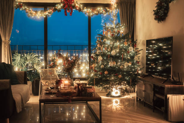 istock Apartment with Christmas decoration during blue hour illuminated with Christmas lights 1714358290