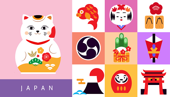 Japanese toys. National cultural lucky items, asian fortune symbols, daruma, maneki cat and kokeshi dolls, traditional masks, Fuji, sakura Vector illustration