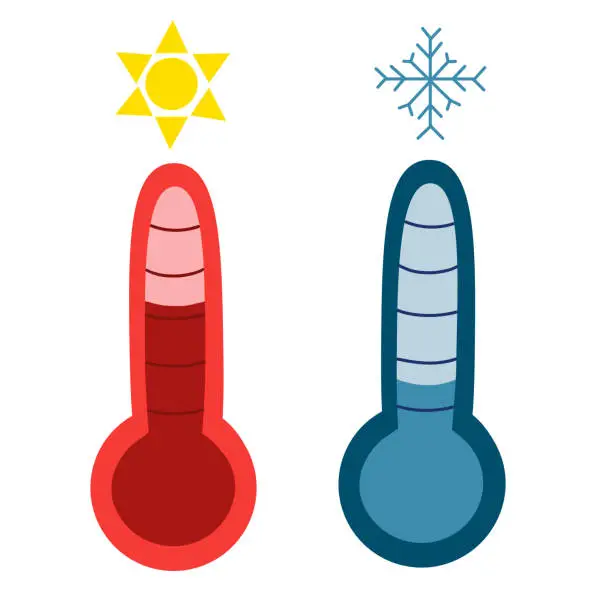Vector illustration of Hot and cold temperature thermometers with snowflakes and sun. Weather forecast. Vector flat illustration.