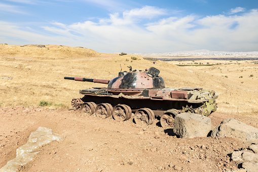Qatzrin, Israel, September 16, 2023 : A Russian made Syrian tank destroyed during the Yom Kippur War is located in the Valley of Tears at the OZ 77 Tank Brigade Memorial on the Golan Heights in northern Israel