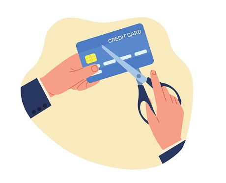 Businessman cuts up credit card with scissors. Money debt deliverance. Freed from monetary. Financial crisis or major economic problems. Bankrupt people. Cartoon flat style isolated vector concept