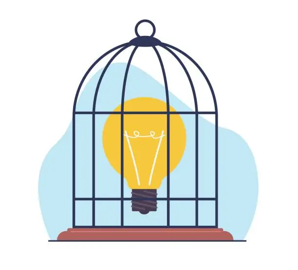 Vector illustration of Concept of not realizing an idea, bird cage with golden light bulb locked inside. Limitation of thinking. Mental jail. Blocking creative thinking. Cartoon flat isolated vector concept