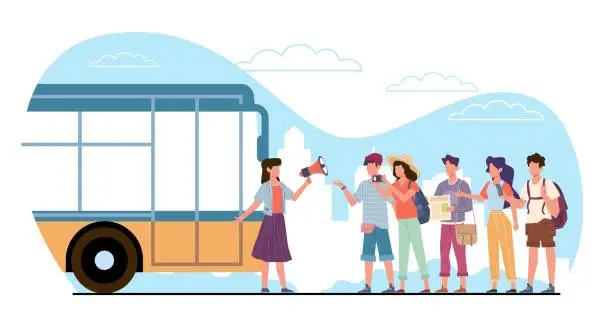 Vector illustration of Female tour guide calls travelers through megaphone for bus tour of city. Travel man and woman visit sightseeing. Bus excursion. Vacation cartoon flat style isolated vector concept