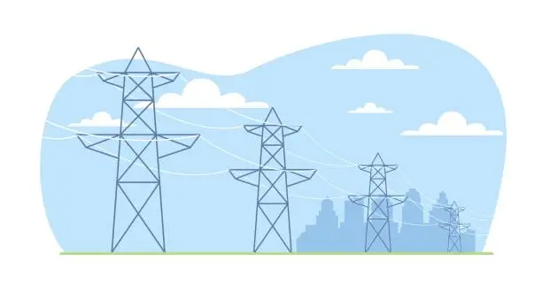 Vector illustration of High voltage distribution grid supports transmit electrical power to city. Electric transmission. Industrial landscape. Lines and towers. Cartoon flat style isolated vector concept