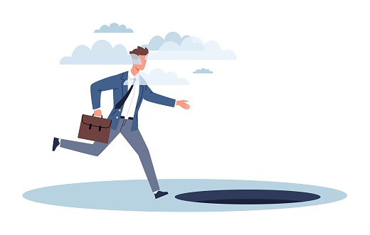 Lost businessman with fog in his head runs forward without noticing hole. Danger or business accident, loss or pitfall, mistake or failure cartoon flat style isolated illustration. Vector concept