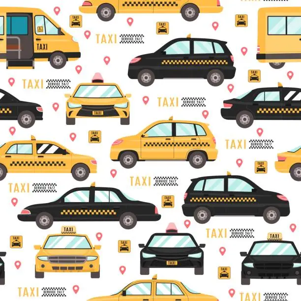 Vector illustration of Seamless pattern with taxi cars. City transport. Yellow and black auto. Decor textile, wrapping paper, wallpaper design. Print for fabric. Cartoon flat style isolated vector concept