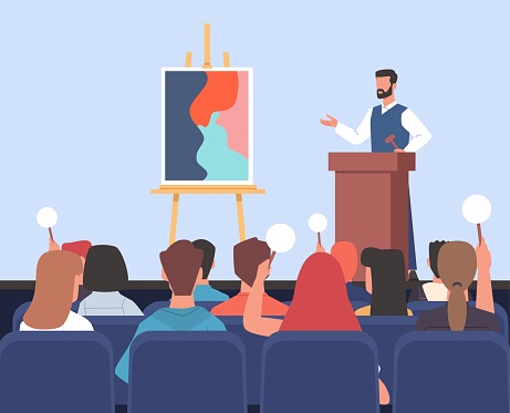 People bidding on art at public auction house. People sitting back view, contemporary artworks, exhibition and lecture in museum. Contemporary pictures. Cartoon flat style isolated vector concept